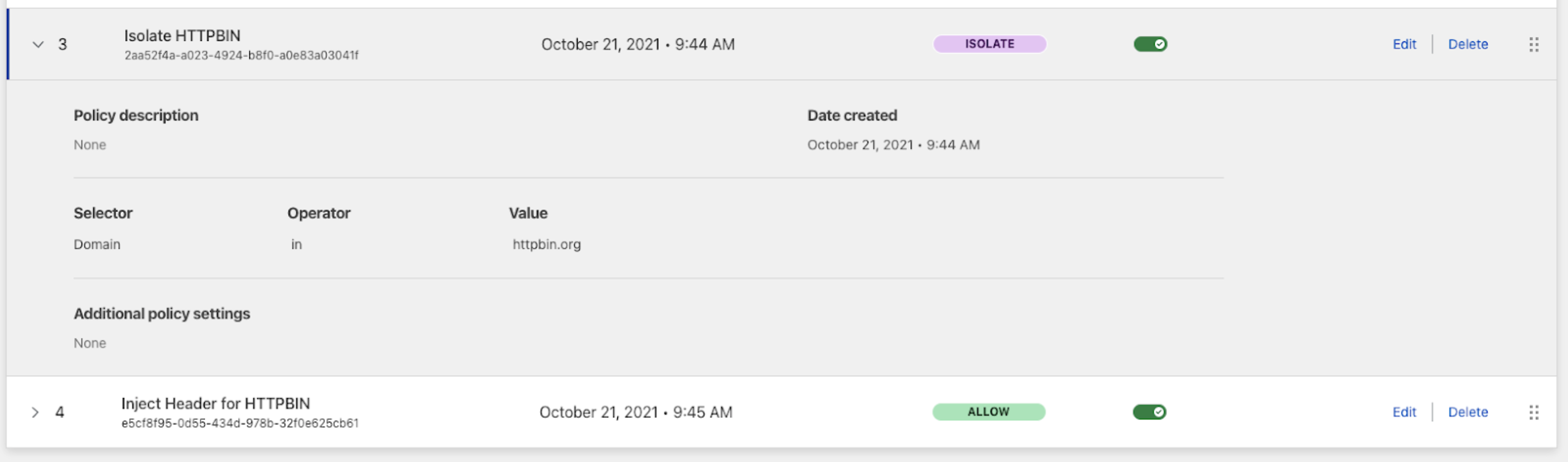 Results that will appear when configuring the example isolation policy.