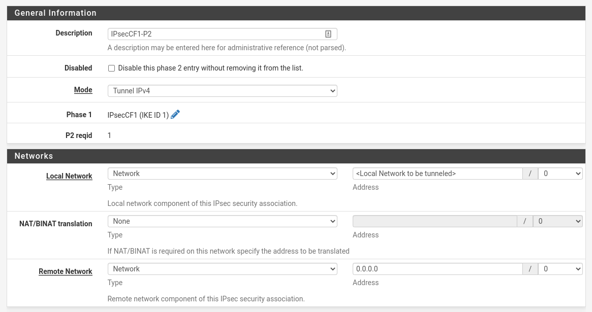 pfSense IPsec phase 2 general information values