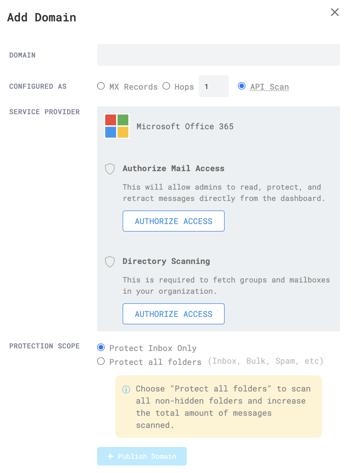 Select Authorize access to give the correct permissions do Area 1